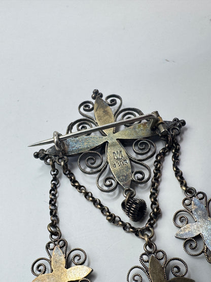 Authentic Antique Marius Hammer Silver 930 Filigree Brooch with Blue Enamel & Thimble Drops, c.1900 – Good Condition