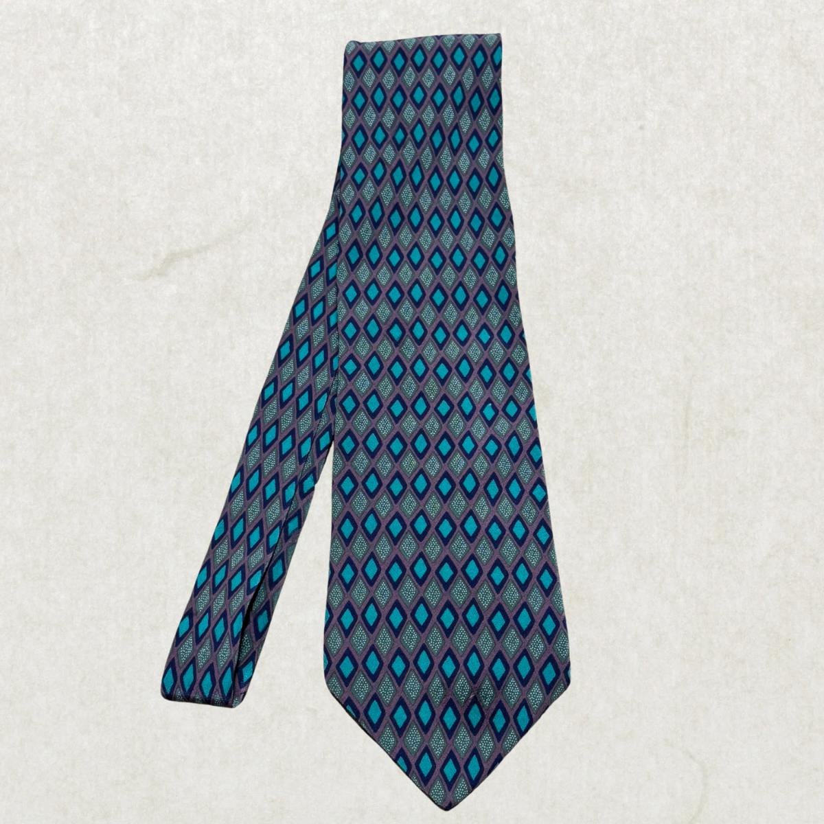 Vintage Sazzari Silk Tie – Geometric Diamond Pattern, Purple & Teal, 100% Silk, 57”