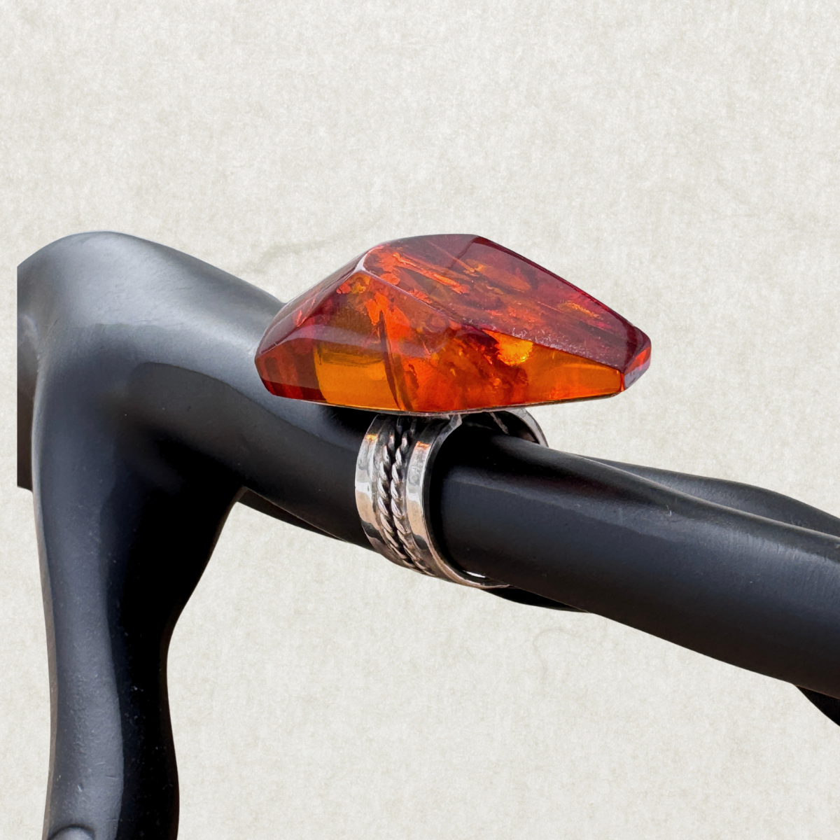Sterling Silver Ring with Large Faceted Fire Amber, Size 7 Adjustable