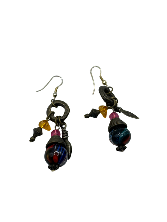 Vintage Boho Art Glass & Bronze Tone Dangle Earrings – Eclectic Artisan Style