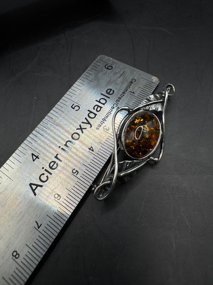 Sterling Silver & Amber Handmade Vintage Brooch – 2”