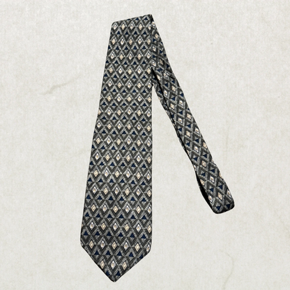 Vintage Pierre Cardin 100% Silk Tie – Geometric Diamond Pattern Designer Necktie Gray Blue Beige 58” x 4”