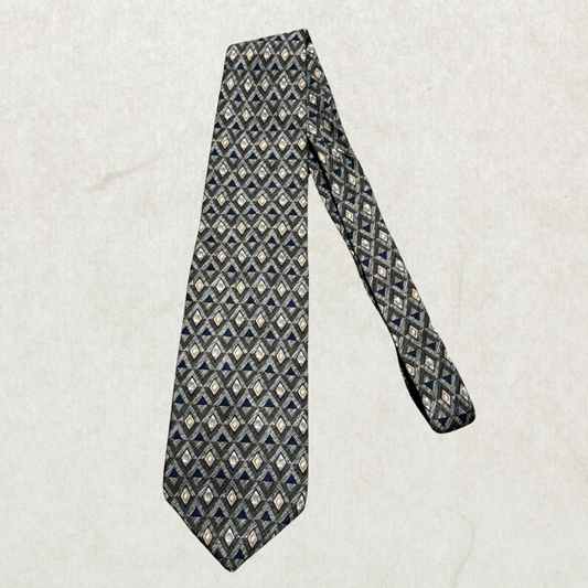 Vintage Pierre Cardin 100% Silk Tie – Geometric Diamond Pattern Designer Necktie Gray Blue Beige 58” x 4”