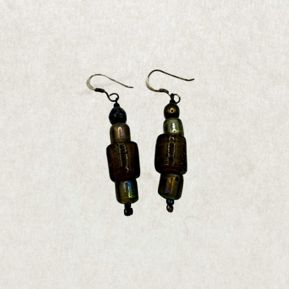 Vintage Sterling Silver Earrings with Iridescent Art Glass Beads – Excellent Condition