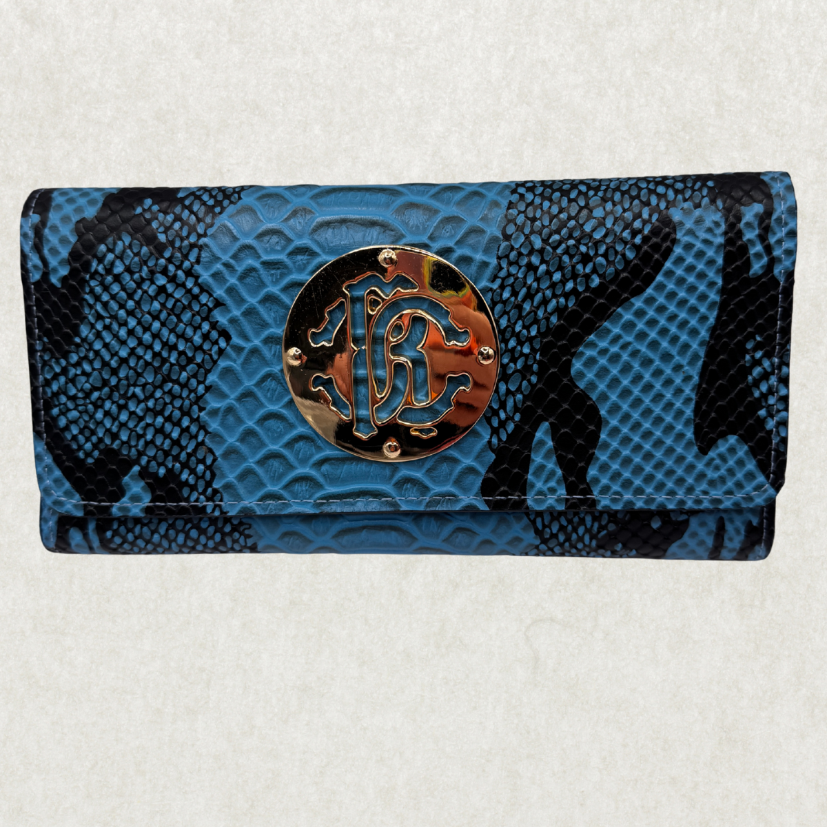 Vintage Roberto Cavalli Wallet – Blue & Black Embossed Leather, Brand New