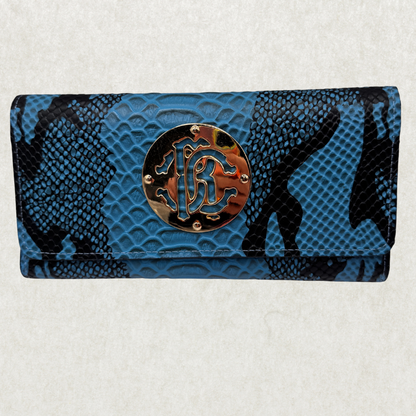 Vintage Roberto Cavalli Wallet – Blue & Black Embossed Leather, Brand New