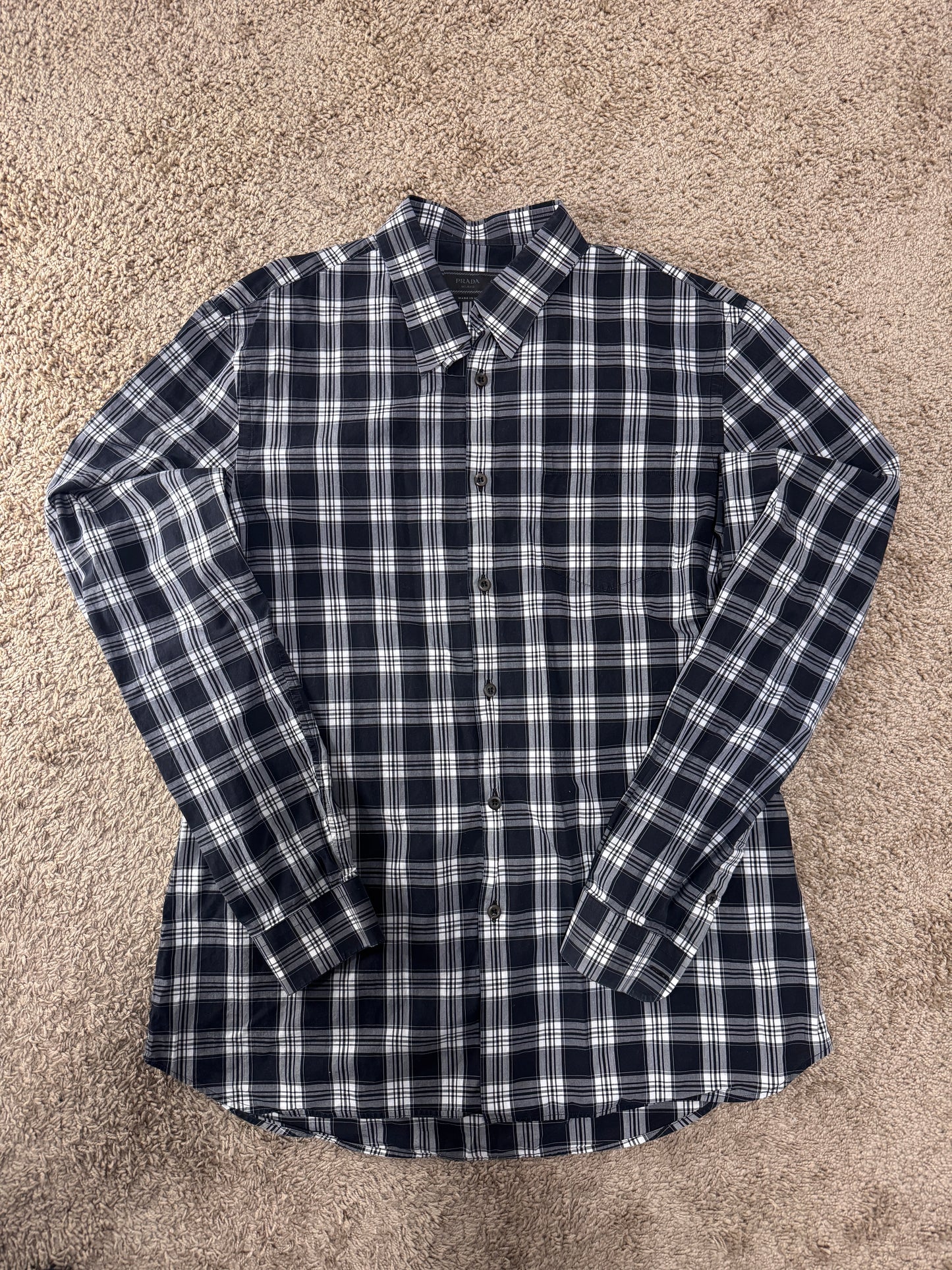 Authentic Prada Men’s Dress Shirt – Size 42 (16 1/2), Navy Plaid, Italian Designer