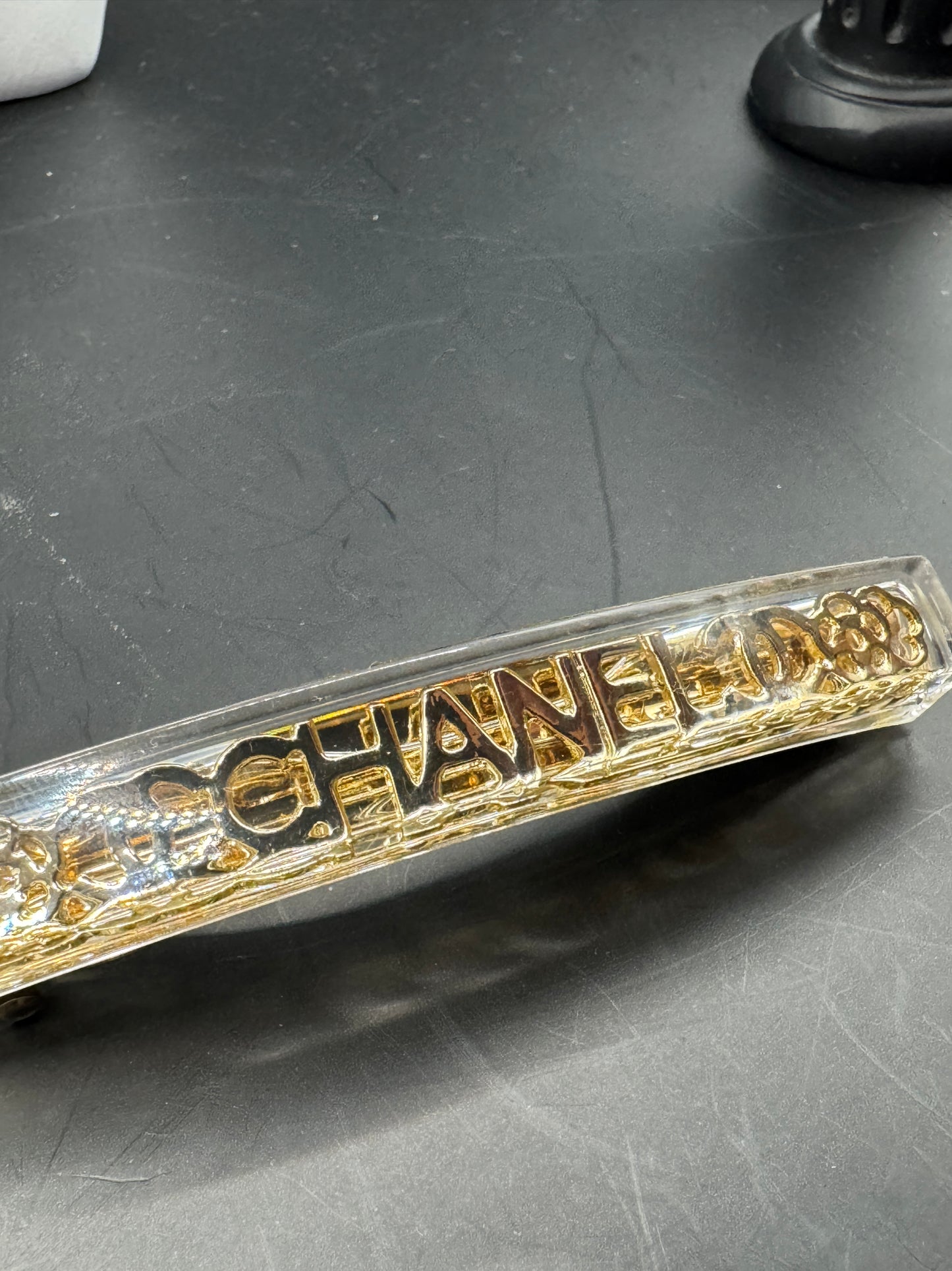 Vintage CHANEL Barrette Hair Clip – Gold Tone Logo Lucite Barrette – Late 1970s / Early 1980s – Made in France – Rare Collectible