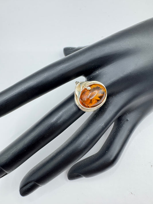 Vintage Sterling Silver Golden Amber Garden Ring Size 7
