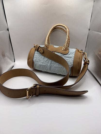 True Religion Quilted Horseshoe Mini Duffel Crossbody Bag – Brand New, Denim & Tan