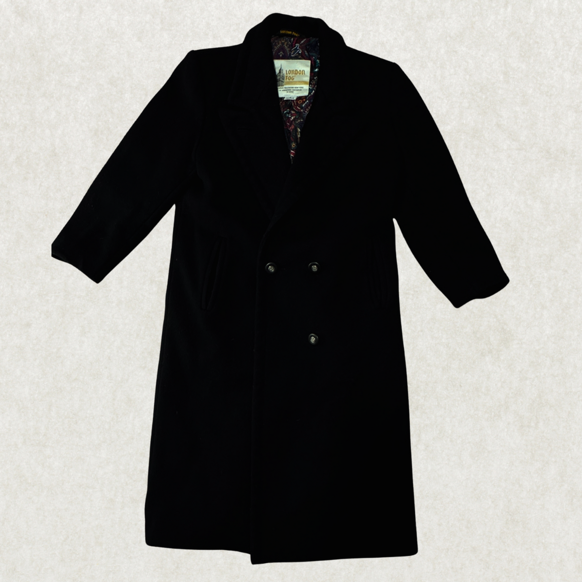 Vintage London Fog Wool Coat – Size 4 Petite, Black, Paisley Lined, Double-Breasted