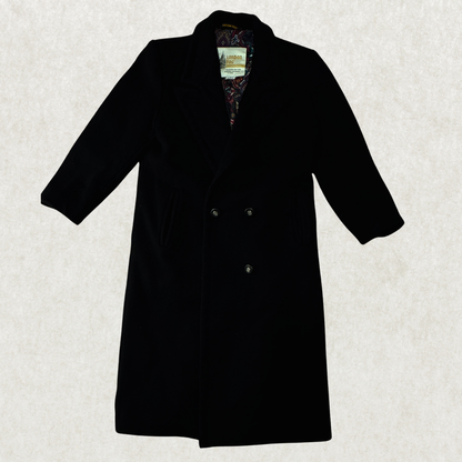 Vintage London Fog Wool Coat – Size 4 Petite, Black, Paisley Lined, Double-Breasted