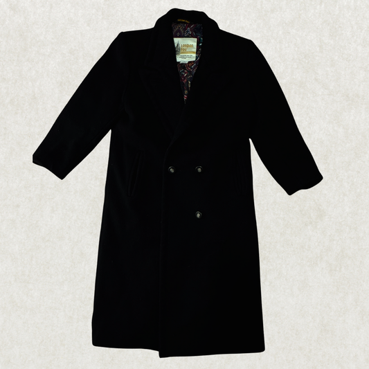 Vintage London Fog Wool Coat – Size 4 Petite, Black, Paisley Lined, Double-Breasted