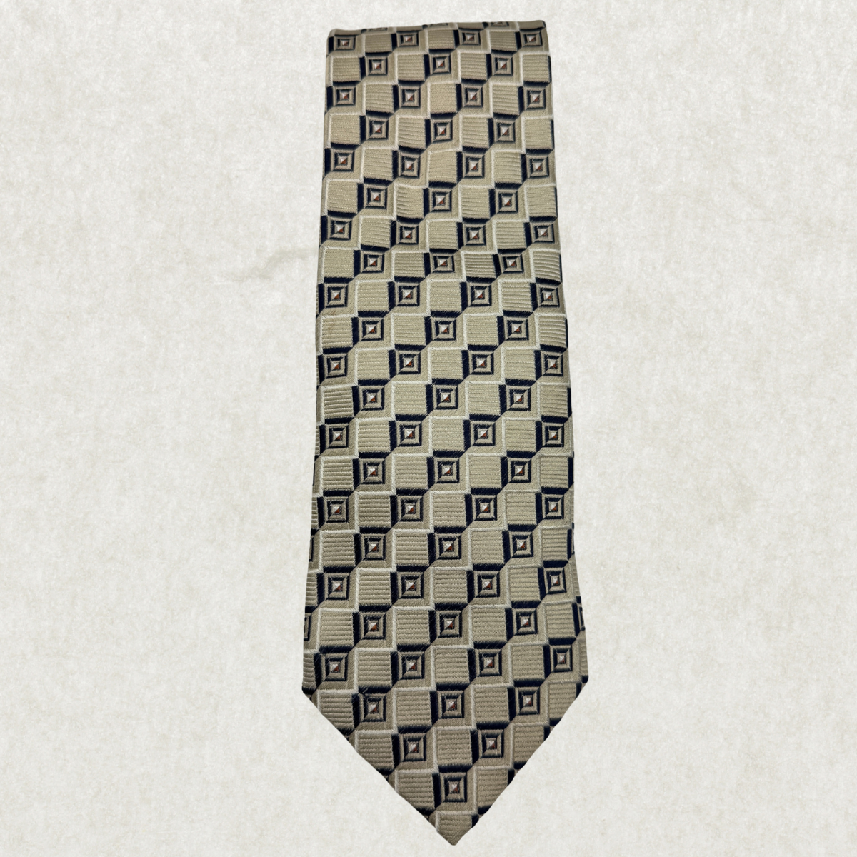 Vintage Canali Silk Tie – 100% Silk, Beige & Navy Geometric Pattern