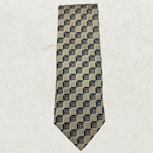 Vintage Canali Silk Tie – 100% Silk, Beige & Navy Geometric Pattern