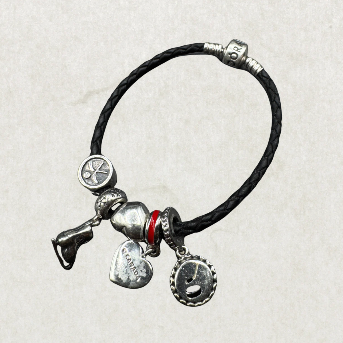 Pandora Black Braided Leather Bracelet with Sterling Silver 925 Pandora Charms