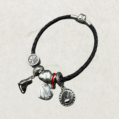 Pandora Black Braided Leather Bracelet with Sterling Silver 925 Pandora Charms