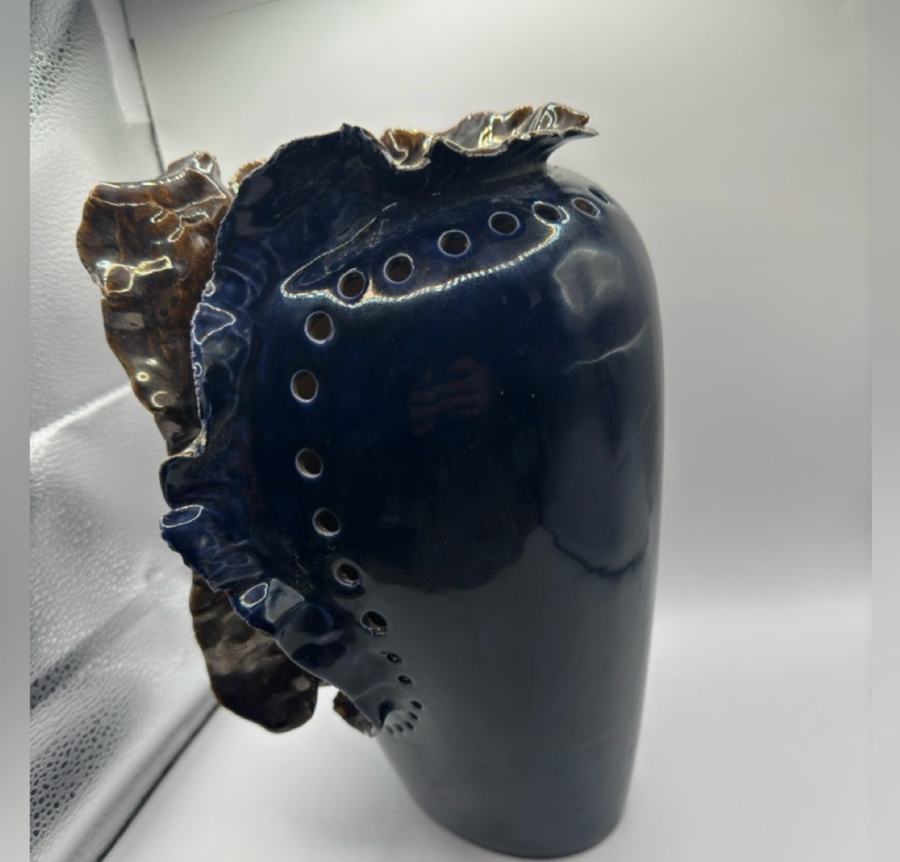 Vintage Porcelain Art Vase, Signed IS – Sculptural Navy Blue, c.1970, 11.5” x 7” x 7.5”