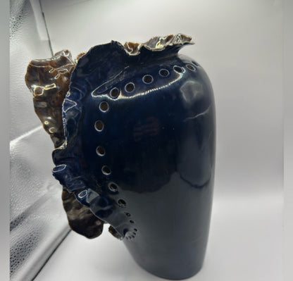 Vintage Porcelain Art Vase, Signed IS – Sculptural Navy Blue, c.1970, 11.5” x 7” x 7.5”