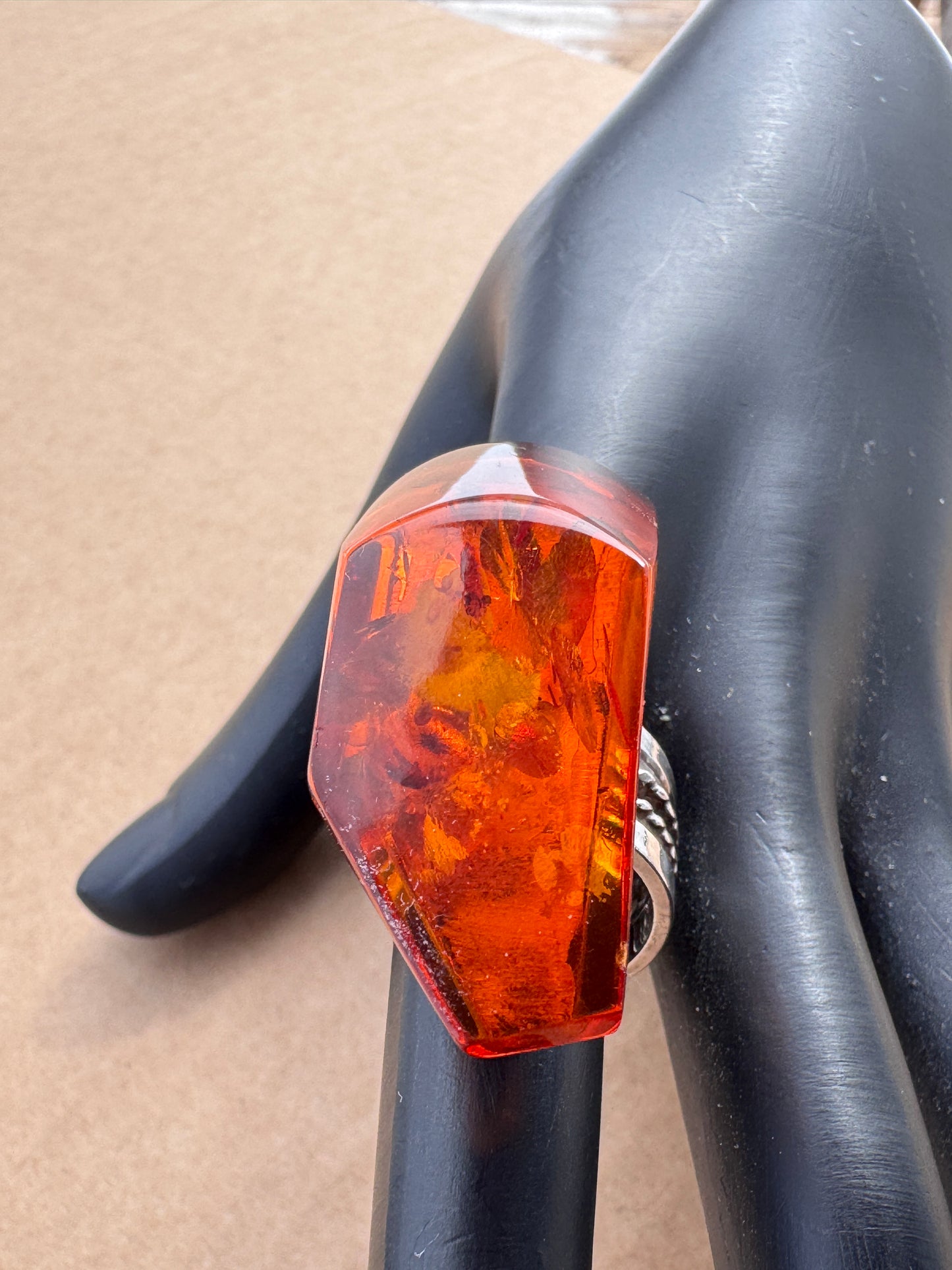 Sterling Silver Ring with Large Faceted Fire Amber, Size 7 Adjustable