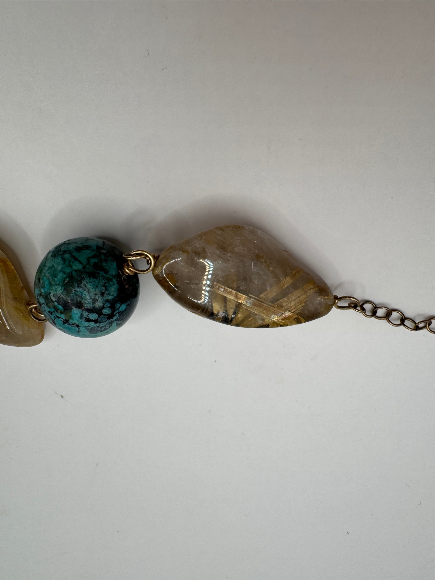 Vintage Sterling Silver Bracelet – Turquoise & Rutilated Quartz Cabochon, Golden Flax Accents