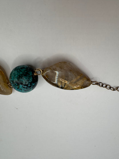 Vintage Sterling Silver Bracelet – Turquoise & Rutilated Quartz Cabochon, Golden Flax Accents