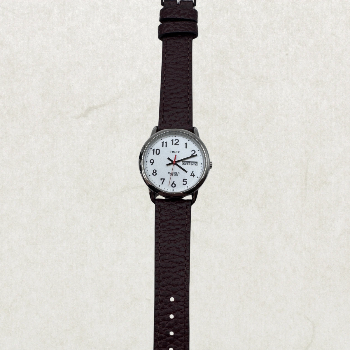 Timex Indiglo WR30M – Brown Strap | Day-Date | Silver Dial