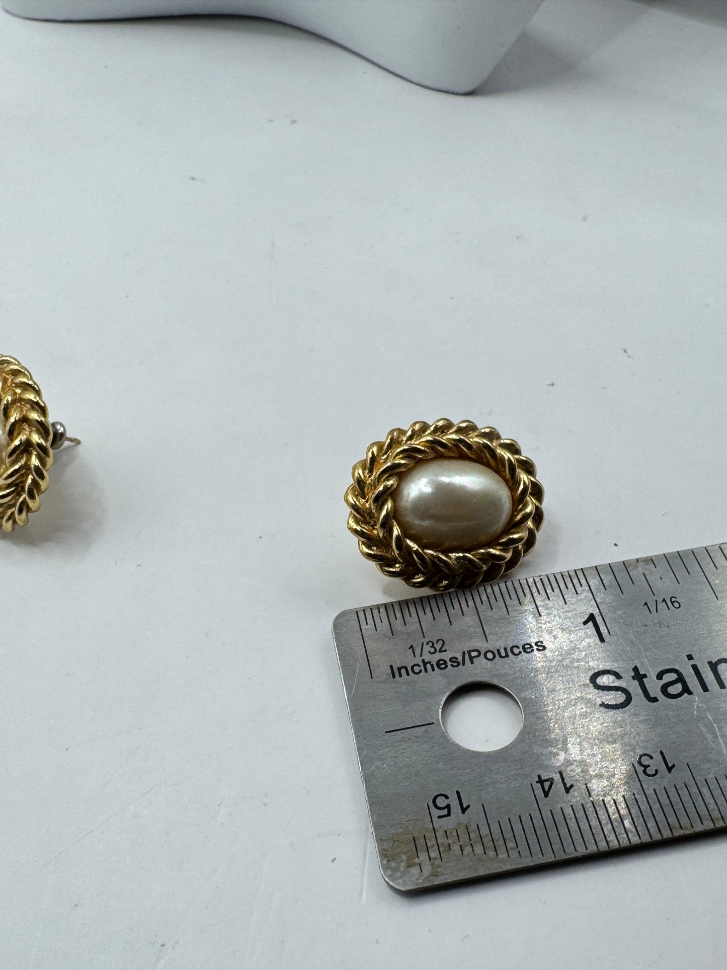 Vintage Christian Dior Earrings – Faux Pearl Gold Tone Rope Frame, Classic Statement