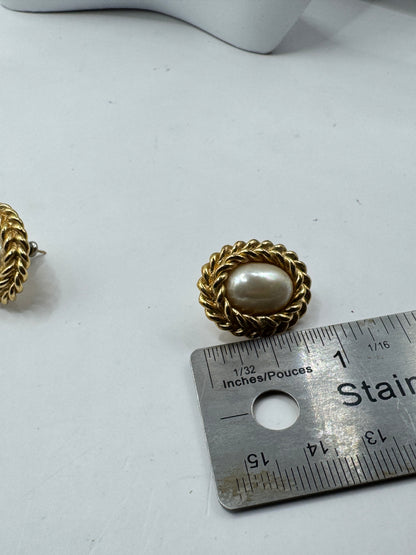 Vintage Christian Dior Earrings – Faux Pearl Gold Tone Rope Frame, Classic Statement