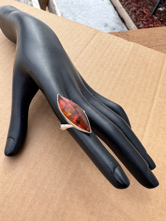 Sterling Silver Ring with Marquise Amber, Size 8.5