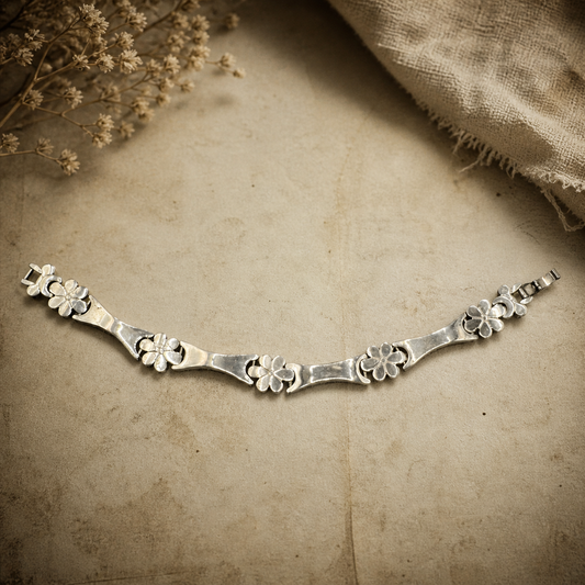 Vintage Mexican Sterling Silver 925 Bracelet – Floral Link Design, Taxco Style, Mid-Century