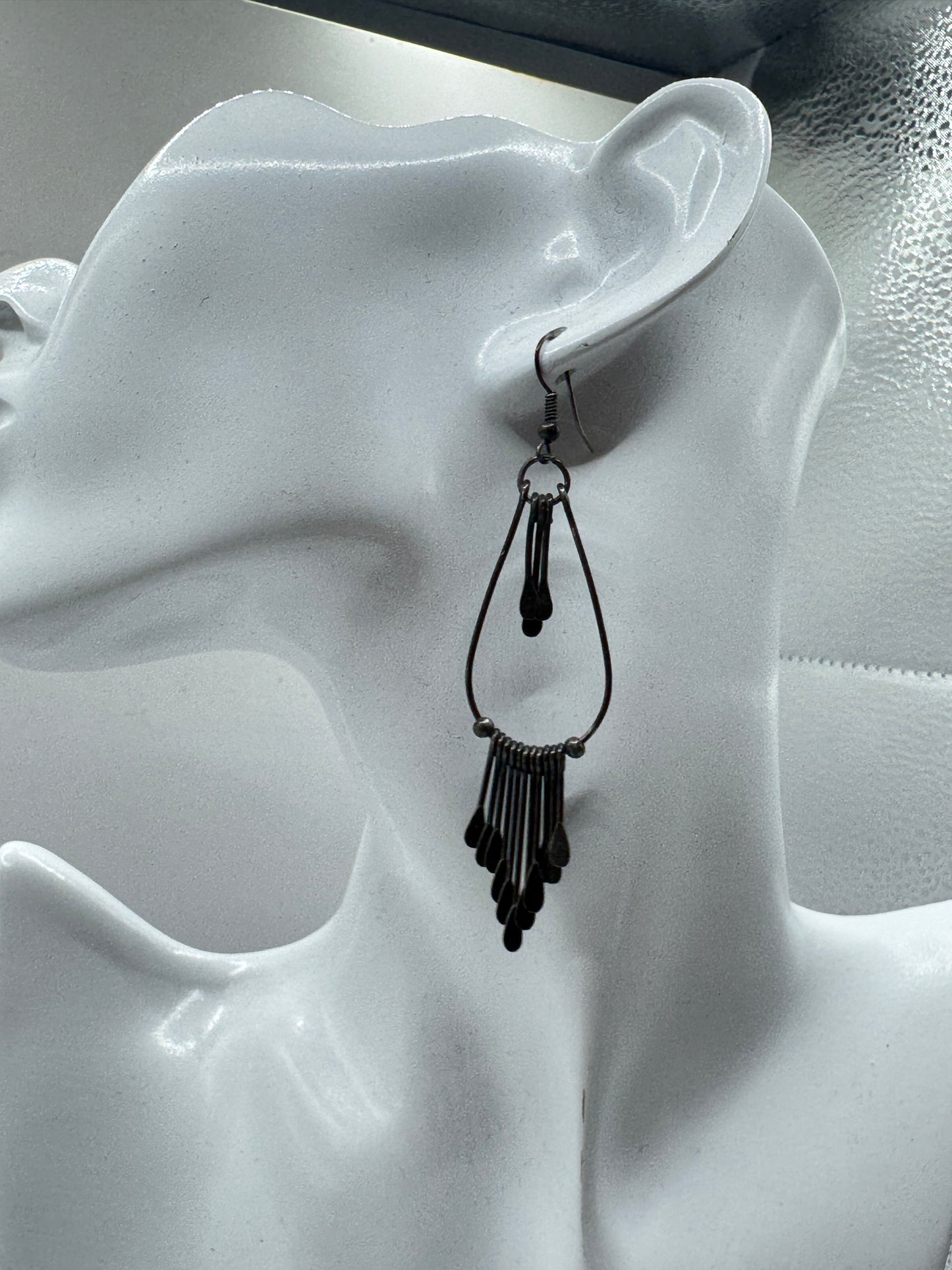 Vintage Silver Tone Dangle Earrings – Fringe Boho Tribal Style, 60s–70s