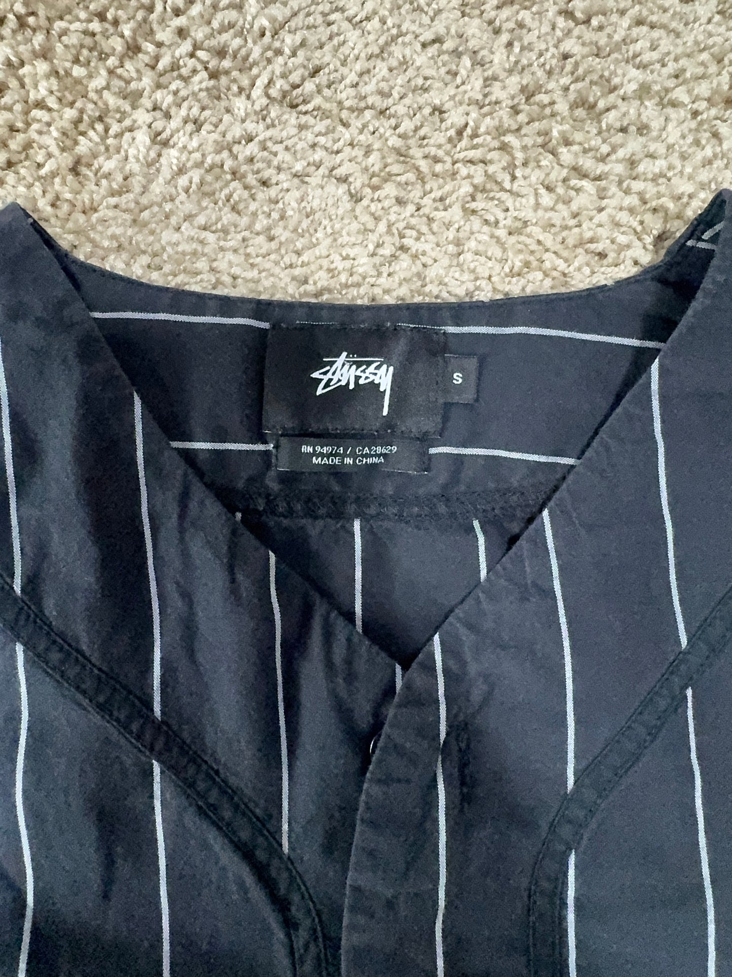 Stüssy Black Pinstripe Baseball Jersey – Stock Logo Embroidered, Rare, Size S