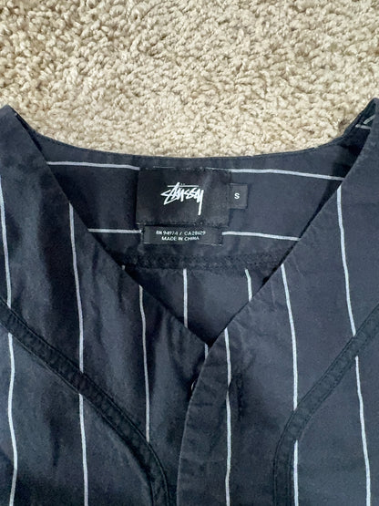 Stüssy Black Pinstripe Baseball Jersey – Stock Logo Embroidered, Rare, Size S