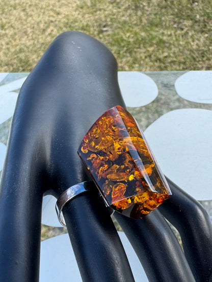 Vintage Sterling Silver Ring with Natural Amber Unique Inclusions Sz 9.5