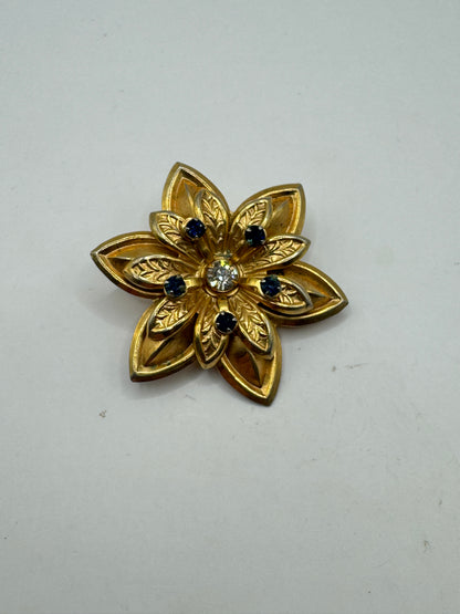 Vintage Gold Tone Floral Brooch Pendant with Blue Rhinestones – 1960s Statement Flower Pin