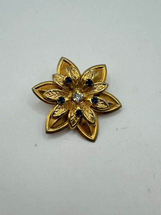 Vintage Gold Tone Floral Brooch Pendant with Blue Rhinestones – 1960s Statement Flower Pin