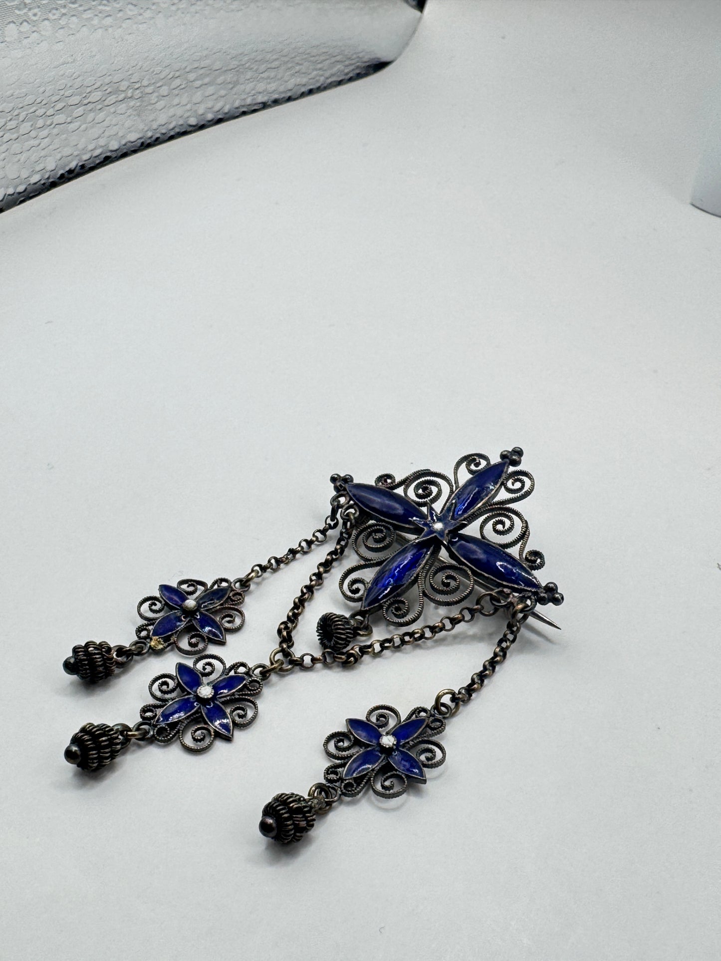 Authentic Antique Marius Hammer Silver 930 Filigree Brooch with Blue Enamel & Thimble Drops, c.1900 – Good Condition
