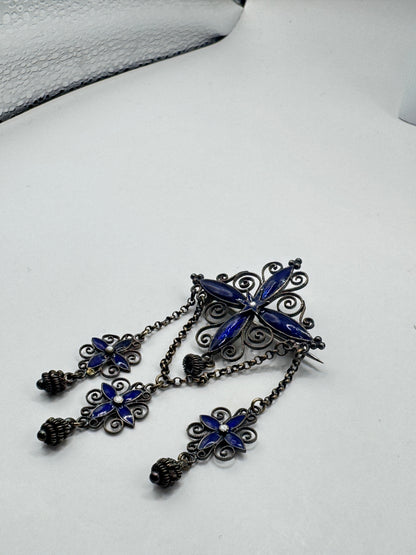 Authentic Antique Marius Hammer Silver 930 Filigree Brooch with Blue Enamel & Thimble Drops, c.1900 – Good Condition