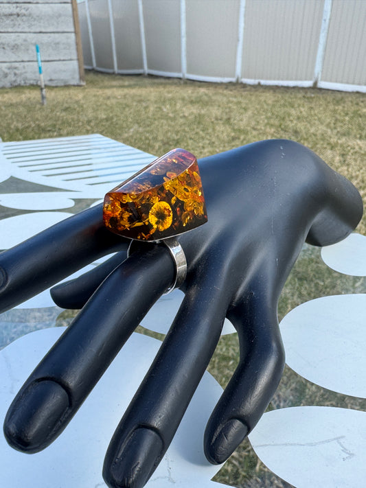 Vintage Sterling Silver Ring with Natural Amber Unique Inclusions Sz 9.5