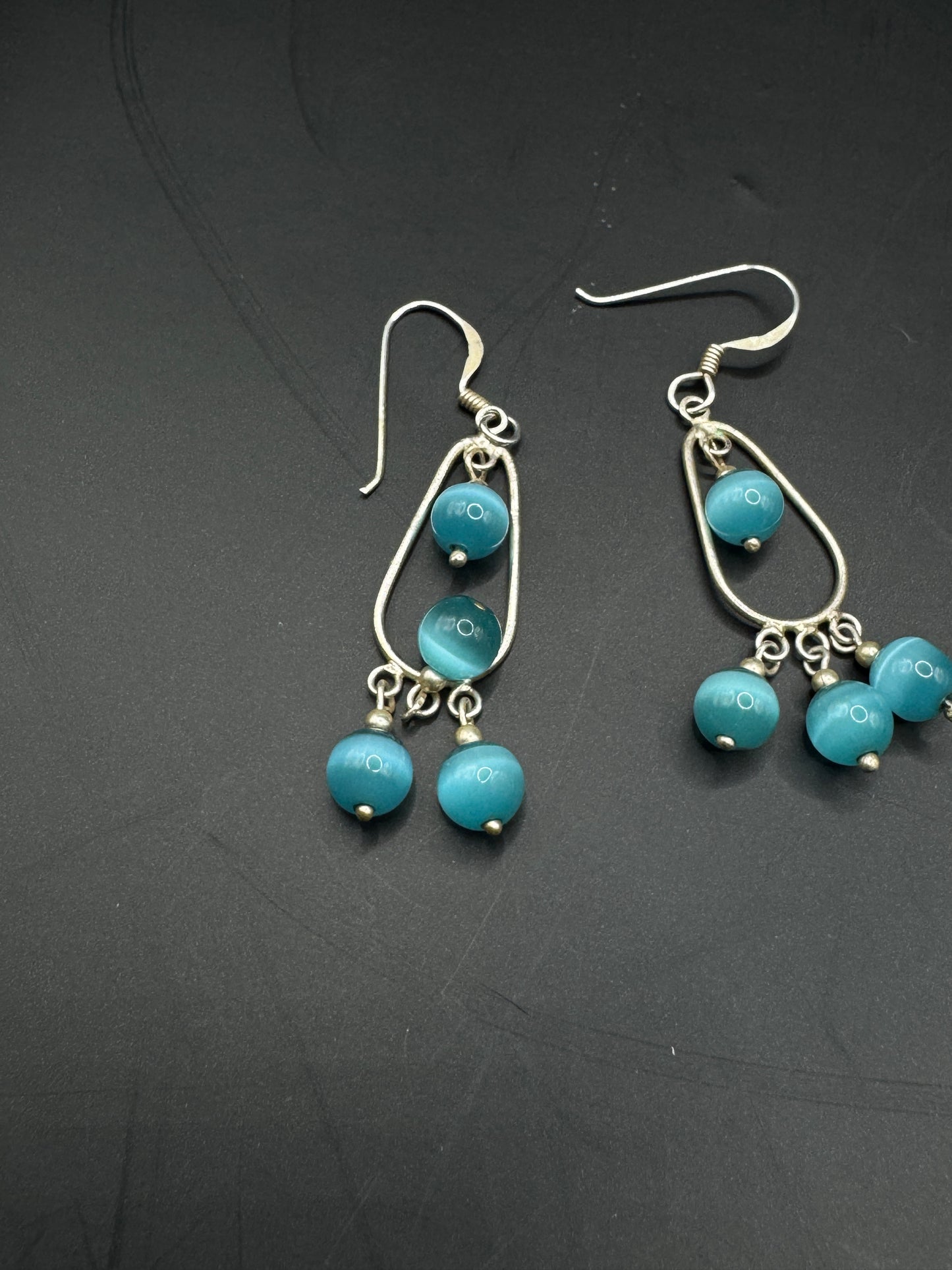 Vintage Sterling Silver Dangle Earrings with Aqua Blue Beads – Minimalist Chandelier Style