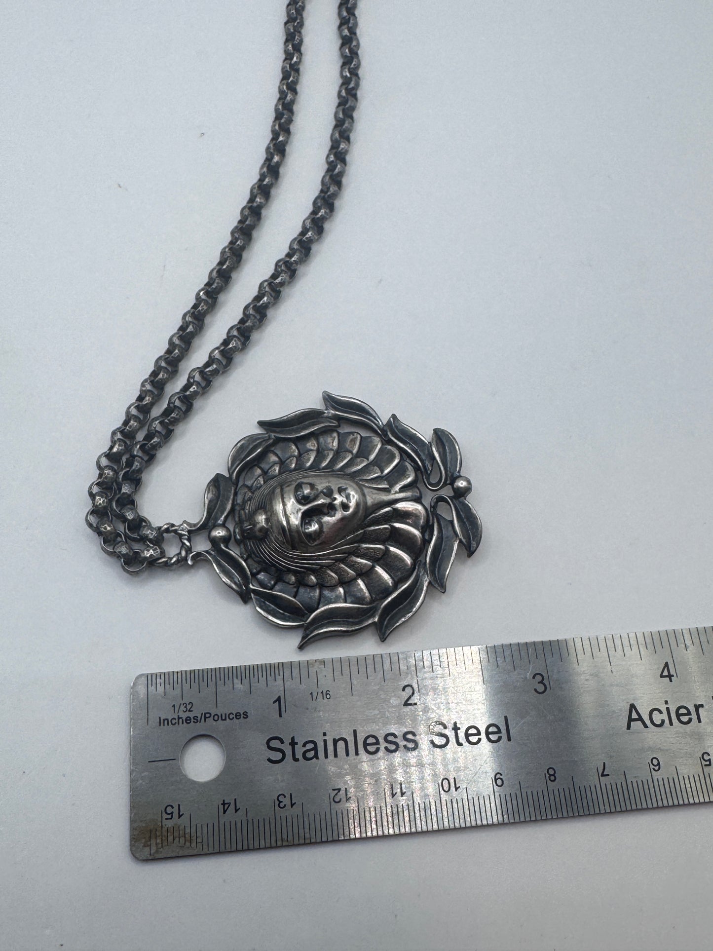 Vintage Art Nouveau Scandinavian Statement Necklace – Large Ornate Face Pendant with Handmade Chain