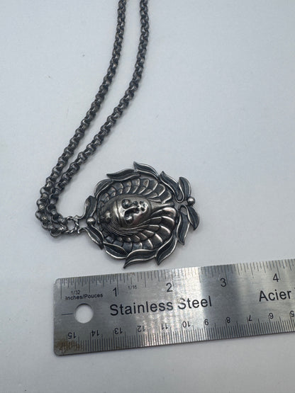 Vintage Art Nouveau Scandinavian Statement Necklace – Large Ornate Face Pendant with Handmade Chain