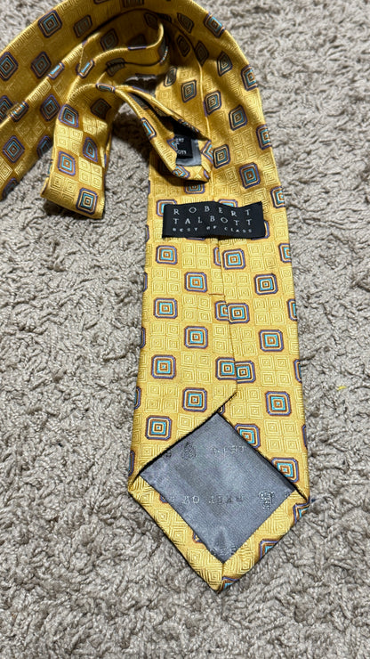 Vintage Robert Talbott Silk Tie – Yellow Geometric Pattern, Made in USA, 100% Silk, 59”