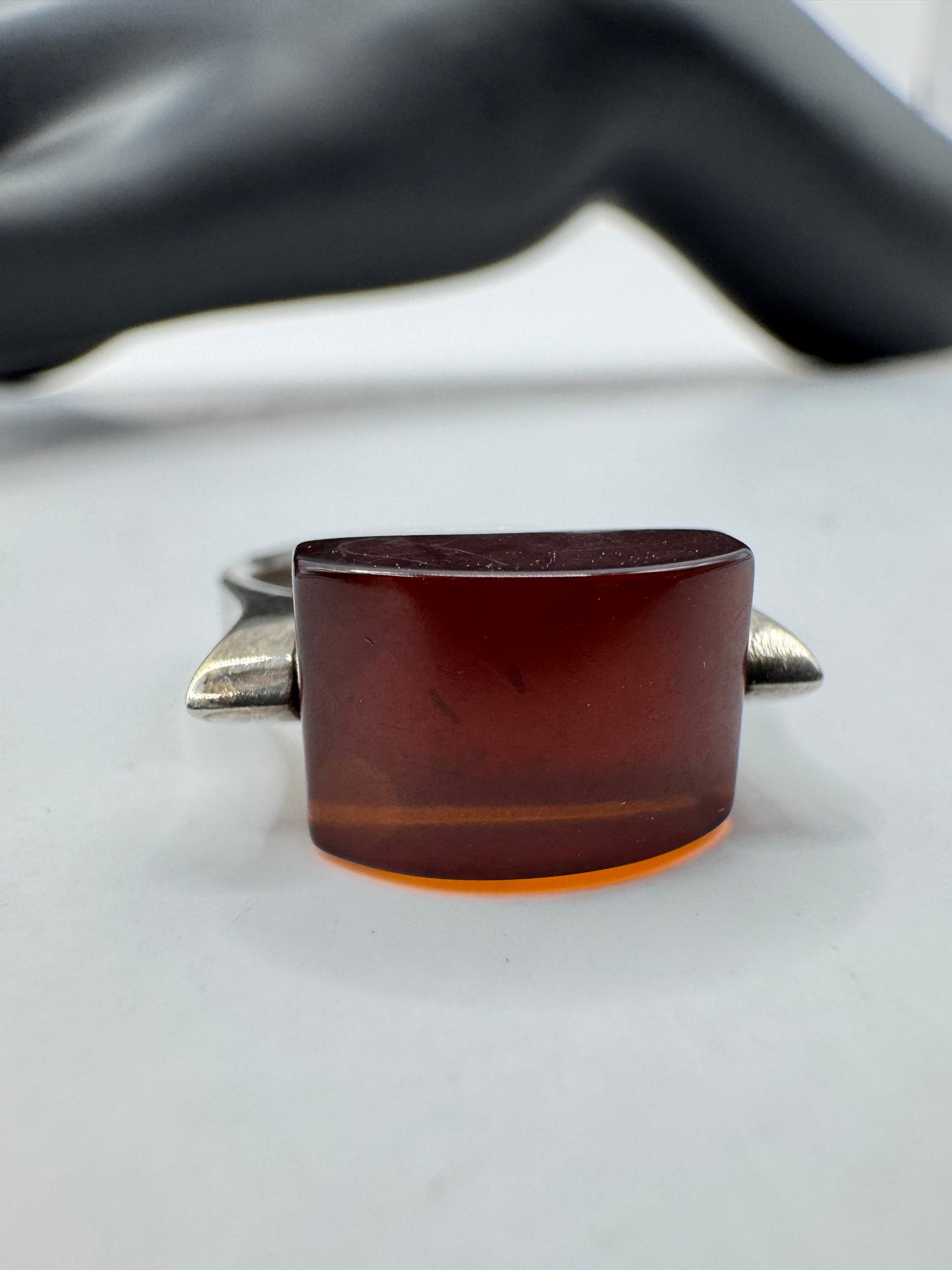 Sterling Silver Amber Barrel Ring Size 7