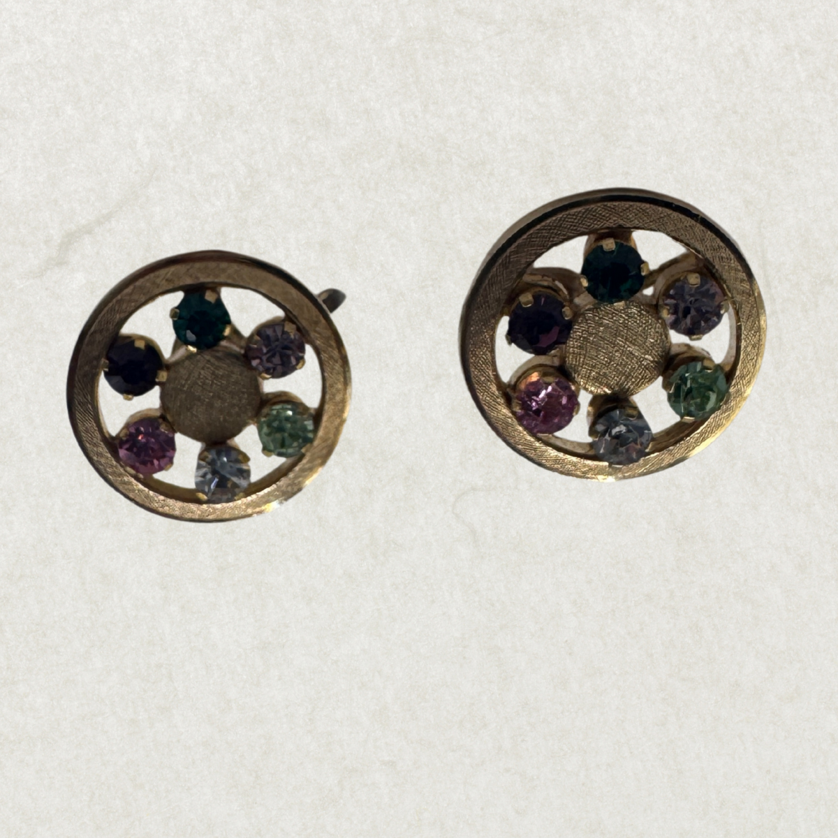 Anson Rainbow Crystal Clips Earrings – 1950s Gold-Plated Sterling Vintage Jewelry