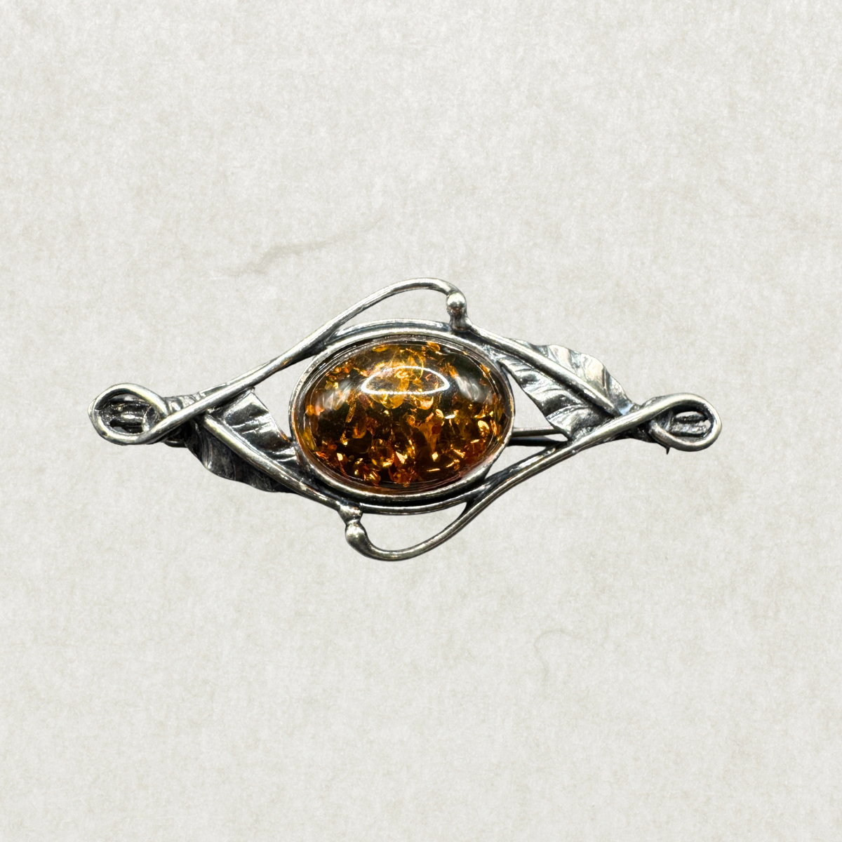 Sterling Silver & Amber Handmade Vintage Brooch – 2”