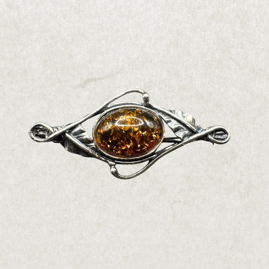 Sterling Silver & Amber Handmade Vintage Brooch – 2”