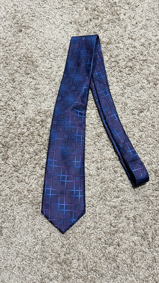 Vintage Nordstrom 100% Silk Geometric Tie – Purple Blue Abstract Grid Designer Necktie 66” x 3.5”