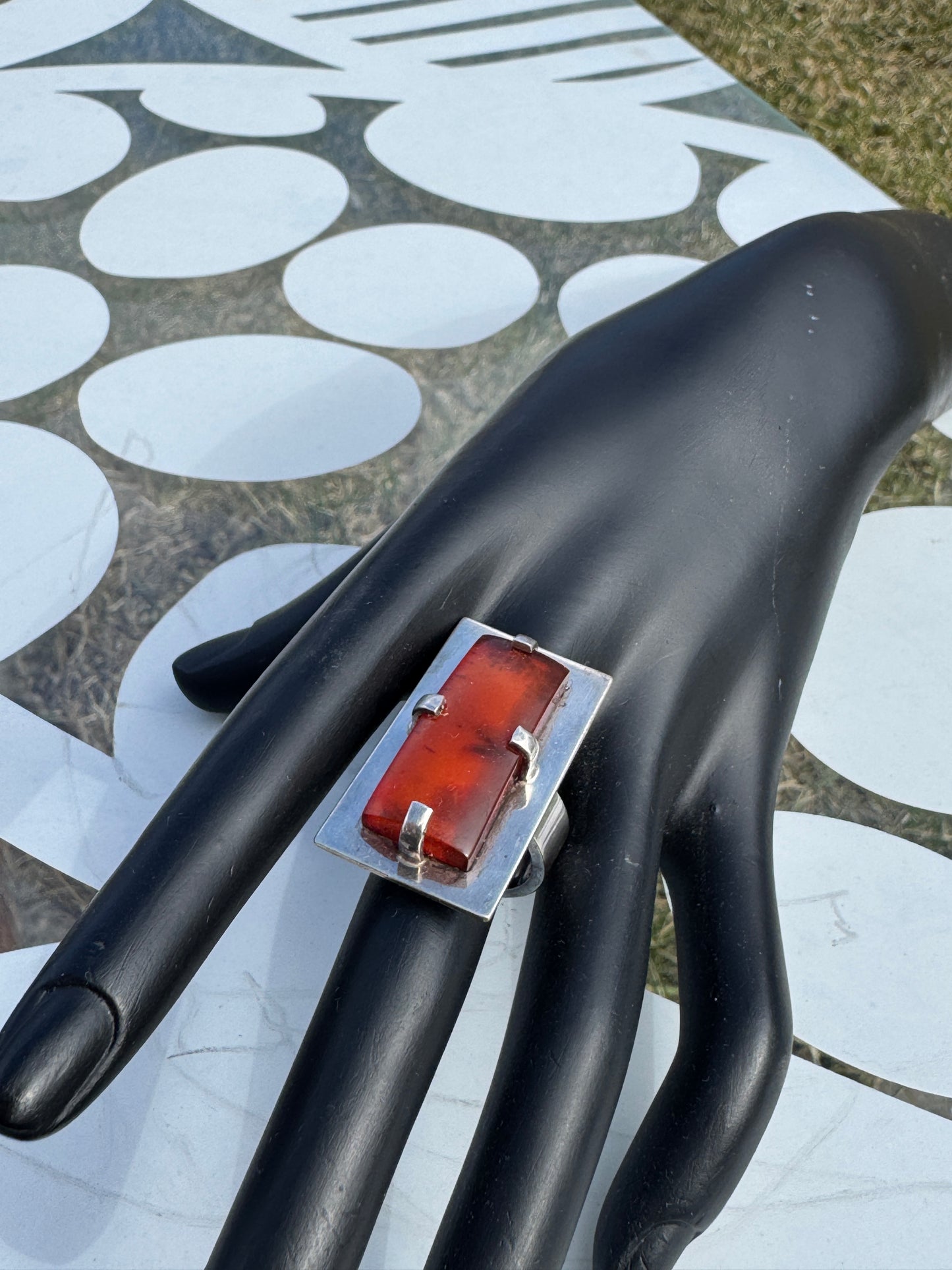 Vintage Mogens Godskesen Danish Modernist Sterling Silver Ring Amber Sz 8